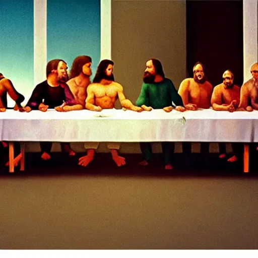 Image similar to a still from a film about modern day people re-enacting the last supper with psychedelics instead of food. Directed by Stanley Kubrick and Wes Anderson, Art directed by Edward Hopper.