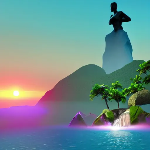 Image similar to a low-poly render of a big purple hand holding the orange setting sun on the ocean horizon. a green tinted transparent beckoning lady in front of a waterfall. a cream colored abandoned building featuring two statues and pitch black periphery. a prehistoric jungle scene with a mountain in the background.