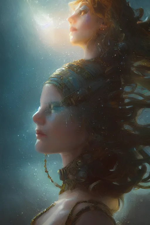 Image similar to Atlantis princess, gorgeous, close-up portrait, intricate, elegant, volumetric lighting, scenery, digital painting, highly detailed, artstation, sharp focus, illustration, concept art, ruan jia, steve mccurry