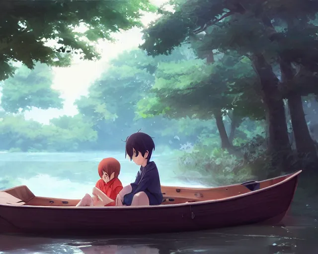 Image similar to a boy and a girl sitting together in a boat on a streams. Trees. By Makoto Shinkai, Stanley Artgerm Lau, WLOP, Rossdraws, James Jean, Andrei Riabovitchev, Marc Simonetti, krenz cushart, Sakimichan, trending on ArtStation, digital art.