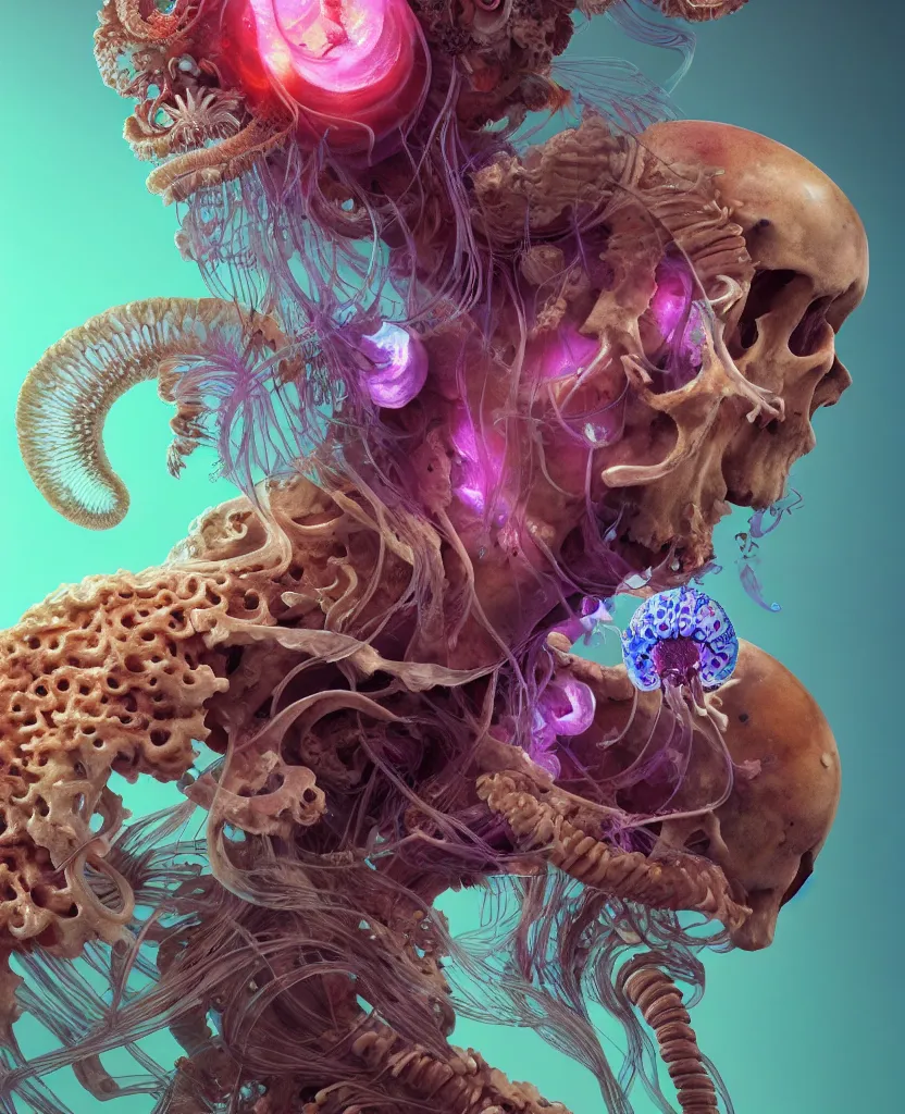 Image similar to goddess close-up portrait ram skull, thorax, x-ray, backbone, jellyfish phoenix head, nautilus, orchid, skull, betta fish, bioluminiscent creatures, intricate artwork by Tooth Wu and wlop and beeple. octane render, trending on artstation, greg rutkowski very coherent symmetrical artwork. cinematic, hyper realism, high detail, octane render, 8k