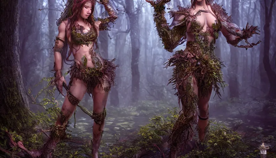 Image similar to high definition photograph female fantasy character art, hyper realistic, hyperrealism, iridescence water elemental, snake skin armor forest dryad, woody foliage, 8 k dop dof hdr fantasy character art, by aleski briclot and alexander'hollllow'fedosav and laura zalenga