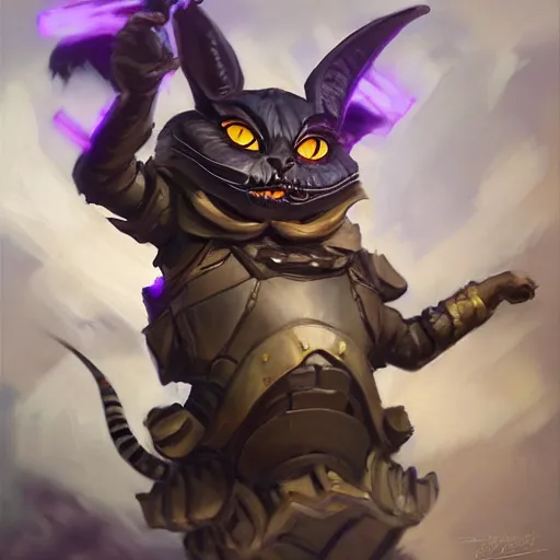 Image similar to greg manchess portrait painting of fully armored cheshire cat from alice in wonderland as overwatch character, medium shot, asymmetrical, profile picture, organic painting, sunny day, matte painting, bold shapes, hard edges, street art, trending on artstation, by huang guangjian, gil elvgren, ruan jia, randy vargas, greg rutkowski