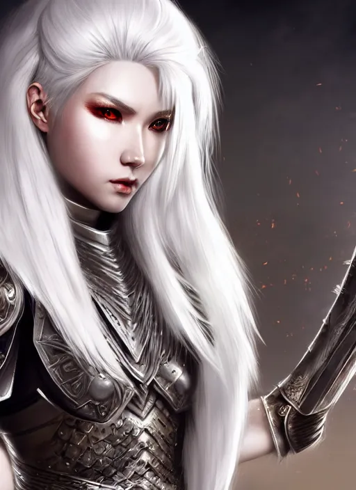 Image similar to warrior, fur leather armor!!! beautiful and elegant white hair female!! gorgeous ayes!! character concept art, sharp focus, octane render! unreal engine 5! highly rendered!! trending on artstation!! detailed linework!! illustration by artgerm, wlop, and chie yoshii