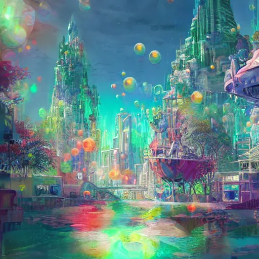 Image similar to a utopian city, filled with extremely colorful fauna, with bubbles floating around everywhere, dynamic lighting, fantasy concept art, trending on art station, stunning visuals, creative, cinematic, ultra detailed