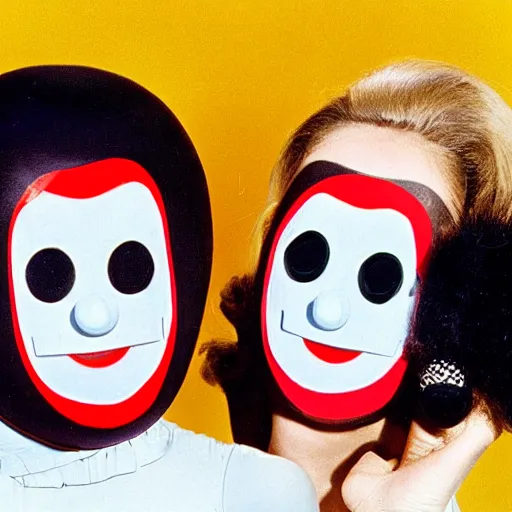 Prompt: 1978 twin women on tv show wearing an inflatable smileymask with a long prosthetic nose and googly eyes, wearing a leotard on the dancefloor 1978 technicolor film 16mm holding a hand puppet Fellini John Waters Russ Meyer Doris Wishman