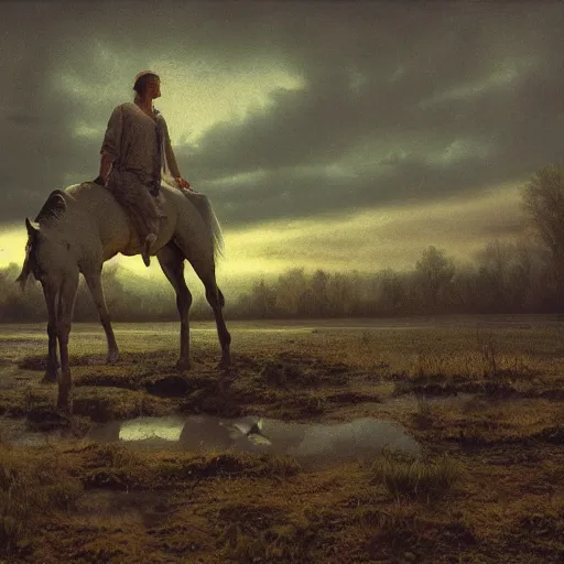 Prompt: resin painting, white horse is neck deep in the mud of the swamp of sadness. Swampy, in the style of hudson river school, dark, volumetric lighting, crepuscule, octane render