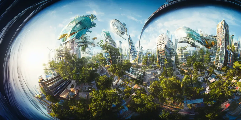 Image similar to Bustling photorealistic!!! utopian city reimagined by Max Hay, inverted fisheye lens!!!, eyelevel!!! view!!! photography, trending on artstation, 4k, 8k, lens distortion, chromatic aberration, soft focus blur, photorealistic imagery, photorealistic details, intricate, highly detailed, artstation 3d, artstation render, artstation 3d render, 3d art, unreal engine 3d, octane 3d, blender 3d, 3d landscape