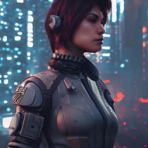 Image similar to trending on artstation 4k, unreal engine render, beautiful close-up illustration of military woman standing in cyberpunk city