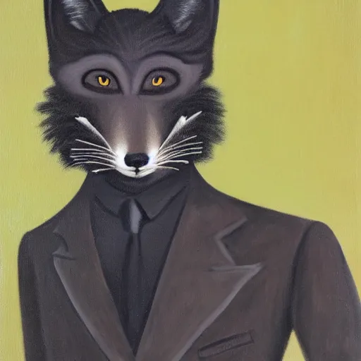 Image similar to portrait of a male anthro anthropomorphic black fox furry fursona with hands on eyes, wearing a suit, 1 9 7 0 s oil on canvas painting, by famous artist jylon denja