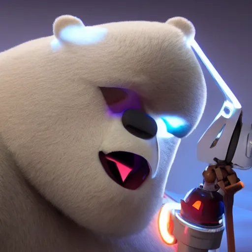 Image similar to ice bear as a robot with an axe from we bare bears in san fransisco, 8 k, weta pixar disney hyper realistic lifelike raytraced cinematic still photography