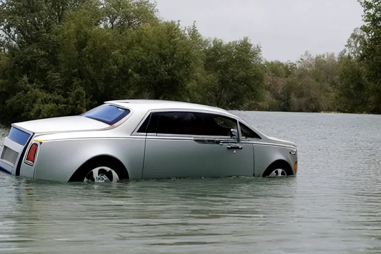 Image similar to Teenagers push Rolls-Royce into lake with their hands from a small slide wanting to drown him