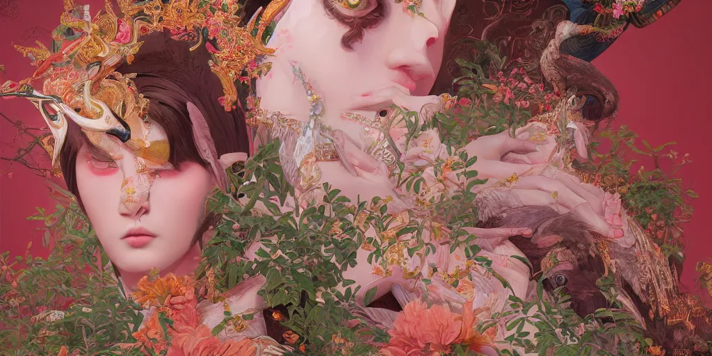 Image similar to breathtaking detailed concept art painting of the goddess of flamingo, orthodox saint, with anxious, piercing eyes, ornate background, amalgamation of leaves and flowers, by Hsiao-Ron Cheng and John James Audubon, extremely moody lighting, 8K