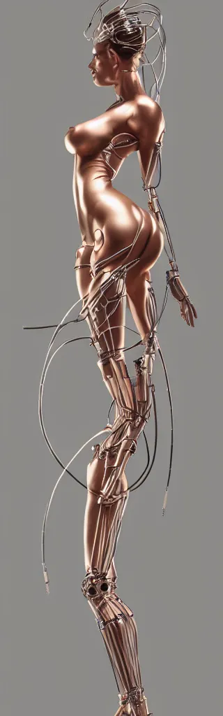 Image similar to beauty woman made of wires and tubes, very detailed, dramatic lighting, mechanical details, back facing, electrical details, high details, 4k, 8k, trending on artstation, by Hajime Sorayama and Boris Vallejo