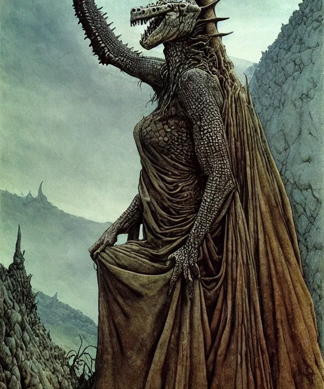 Image similar to A detailed horned crocodilewoman stands among the hills. Wearing a ripped mantle, robe. Perfect faces, extremely high details, realistic, fantasy art, solo, masterpiece, art by Zdzisław Beksiński, Arthur Rackham, Dariusz Zawadzki