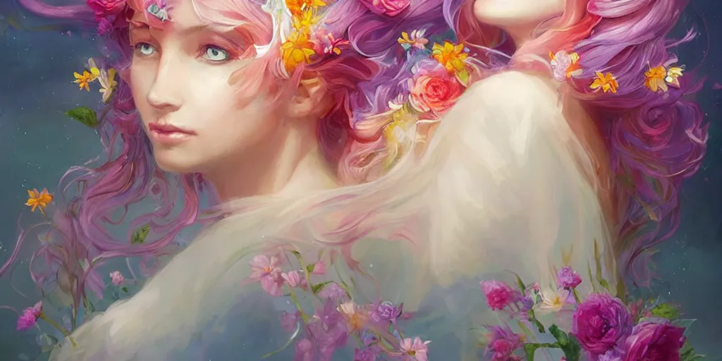 Prompt: a colorful and provenance portrait painting of a angel with her huge flowers wings spread out gracefully ， detailed, highly detailed, hair made of hair made of air wind and curling smoke, mist, dust, genie, flowers, flower, stars, spirit fantasy concept art ， art by charlie bowater and aenami, trending on artstation.