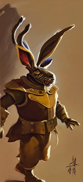 Image similar to greg manchess portrait painting of armored march hare from alice in wonderland as overwatch character, medium shot, asymmetrical, profile picture, organic painting, sunny day, matte painting, bold shapes, hard edges, street art, trending on artstation, by huang guangjian, gil elvgren, ruan jia, randy vargas, greg rutkowski