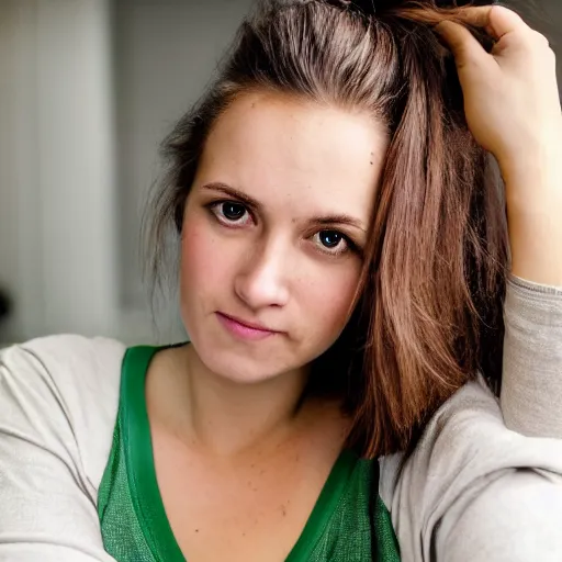 Prompt: portrait of an 20-something Canadian dressed in, light brown hair, green eyes, vintage tshirt and jeans, pony tail, girl next door innocent look, elegant pose, masterpiece