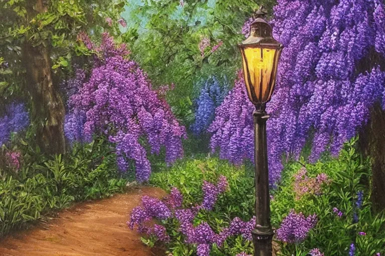 Image similar to vintage iron lamp post in the lush forest in the spring. Cinematic, purple lupin flowers, hiking trail. Intricately detailed oil painting