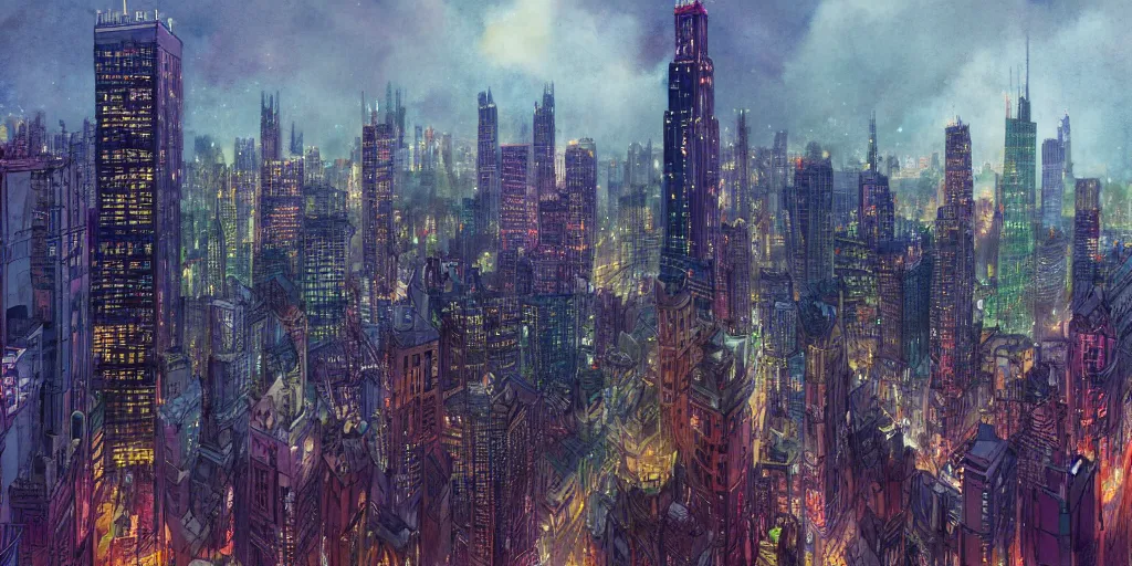 Image similar to cartoonish chicago city skyline in the night, vivid colors, character sheet, fine details, concept design, contrast, kim jung gi, greg rutkowski, watercolor, trending on artstation, 8 k, full body, turnaround, front view, back view, ultra wide angle