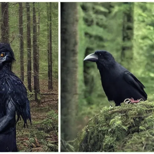 Image similar to !!! chimera consisting of male human and crow, photograph captured in a forest