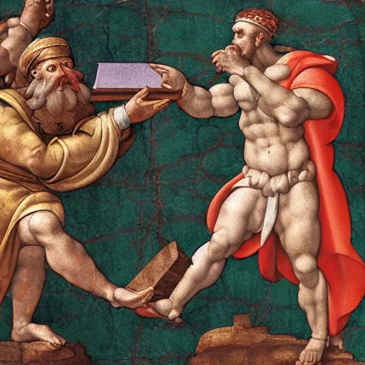 Image similar to God handing Pepe the ten commandments in the style of Michelangelo