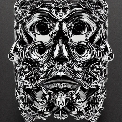 Image similar to a face made of black cast iron on a black background. gothic baroque. low poly. symmetry. epic. ominous shapes. hyper detailed.