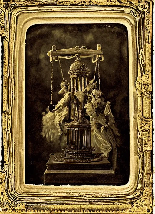 Image similar to old wetplate daguerreotype portrait of birth of lady justice, explosion of data fragments, fractal, intricate, elegant, highly detailed, parallax, leica, medium format, subsurface scattering, by jheronimus bosch and greg rutkowski and louis jacques mande daguerre