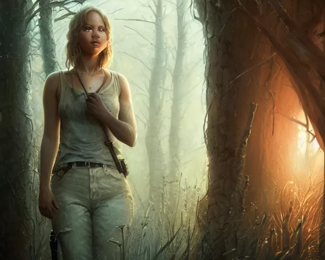 Image similar to highly detailed portrait of jennifer lawrence, in the walking dead, stephen bliss, unreal engine, fantasy art by greg rutkowski, loish, rhads, ferdinand knab, makoto shinkai and lois van baarle, ilya kuvshinov, rossdraws, tom bagshaw, global illumination, radiant light, detailed and intricate environment