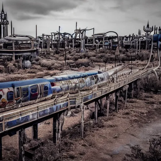 Prompt: post - apocalyptic magic kingdom, wasteland, barren, monorail, abandoned, walt disney world, highly detailed, intricate, 8 k