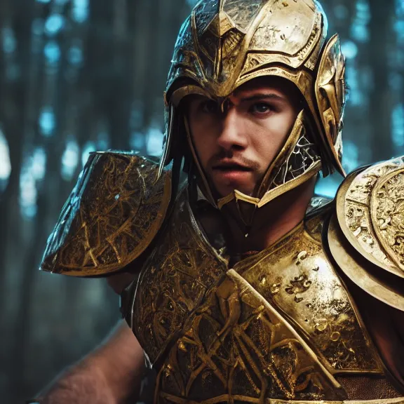 Image similar to magical roman armor, splash art, movie still, cinematic lighting, dramatic, octane render, long lens, shallow depth of field, bokeh, anamorphic lens flare, 8k, hyper detailed, 35mm film grain