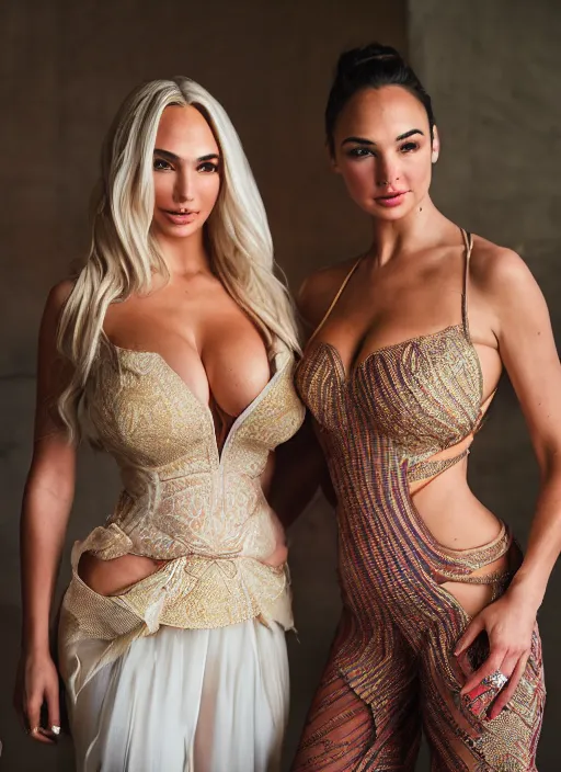 Image similar to portrait of lindsey pelas and gal gadot wearing kebaya in bali, by charlotte grimm, natural light, detailed face, beautiful features, symmetrical, canon eos c 3 0 0, ƒ 1. 8, 3 5 mm, 8 k, medium - format print, half body shot