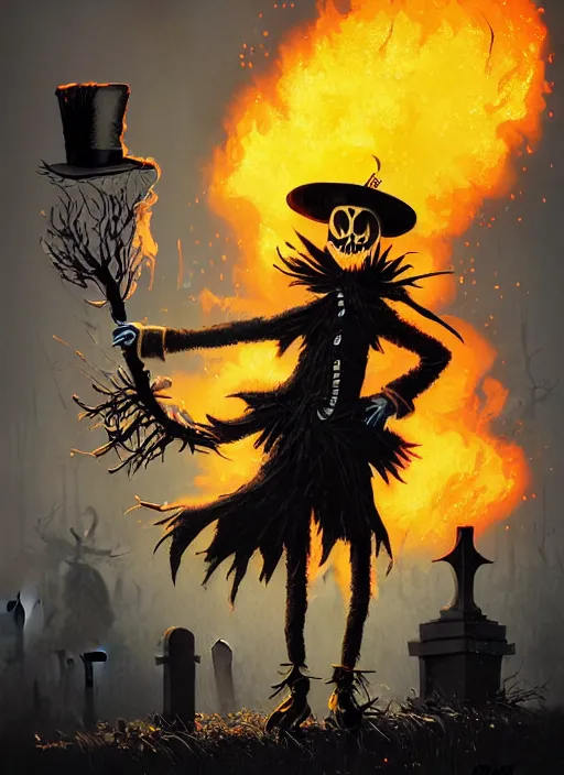 Prompt: a spooky scarecrow holding a match, wearing a top hat in front of an old cemetery on fire by josan gonzalez splash art graphic design color splash high contrasting art, fantasy, highly detailed, art by greg rutkowski