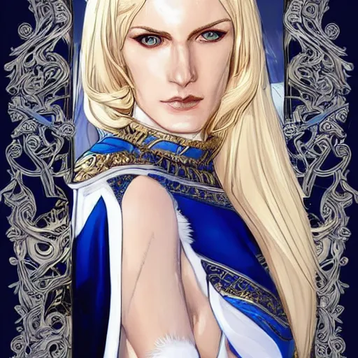 Prompt: Portrait of a tall blonde blue-eyed elf woman with white hair, wearing stylish white and gold clothes, intricate, elegant, highly detailed, smooth, sharp focus, detailed face, high contrast, dramatic lighting, graphic novel, art by Ardian Syaf and Pepe Larraz,