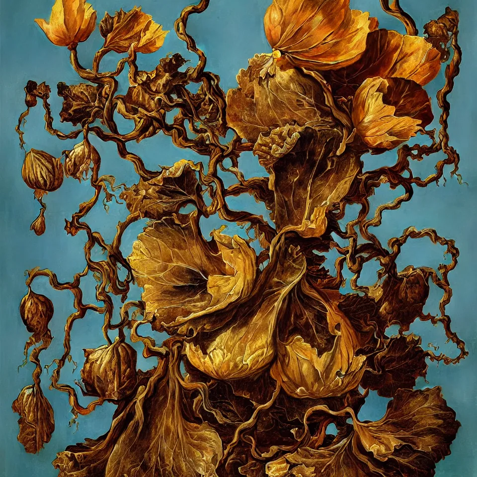 Prompt: dutch golden age bizarre withered lotus leaves portrait still life with detailed vines disturbing fractal forms sprouting up everywhere by rachel ruysch sky blue background chiaroscuro dramatic lighting perfect composition high definition 8 k oil painting with black background by christian rex van dali todd schorr of a chiaroscuro portrait recursive masterpiece