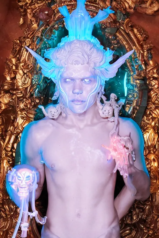 Prompt: photo of full-body rococo and cyberpunk delicate neon crystalline sculpture of ((handsome muscular albino prince Harry Styles)) as an onyx humanoid deity wearing ((peach plastic hooded cloak)) (holding an onyx skull) in a onyx aztec temple, reclining, glowing blue face, crown of (pink lasers), large blue diamonds, swirling black silk fabric. futuristic elements. oozing glowing liquid, full-length view. space robots. intricate artwork by caravaggio. Trending on artstation, octane render, cinematic lighting from the right, hyper realism, photorealistic, octane render, 8k, depth of field, 3D
