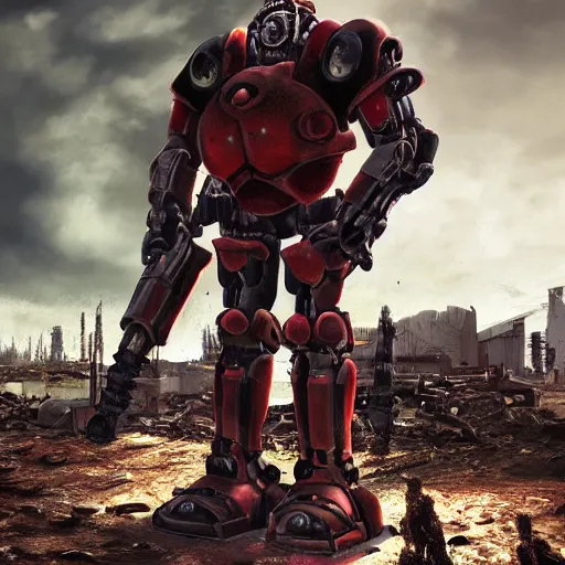 Image similar to photorealistic anthropomorphic red cat, wearing black huge cyber robot gigachad exoskeleton big power armor without helmet, holding huge laser sniper rifle, post apocalyptic cinematic photorealistic background, still, standing on graveyard