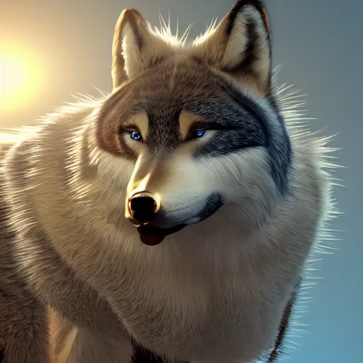 Image similar to 3 d render, well toned, large and tall, female anthropomorphic wolf with a short muzzle, blue scales and fur with white spots and wings on her back, icey blue dress, furr covering her chest.