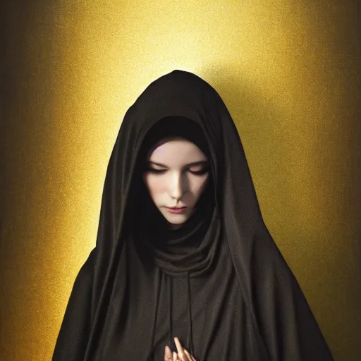 Image similar to a portrait of a young woman wearing a long dark cloak, hood and shadows covering face, holding golden chains, oil painting, matte painting, black background, Volumetric Golden dappled dynamic lighting, Highly Detailed, Cinematic Lighting, Unreal Engine, 8k, HD, by Beksinski