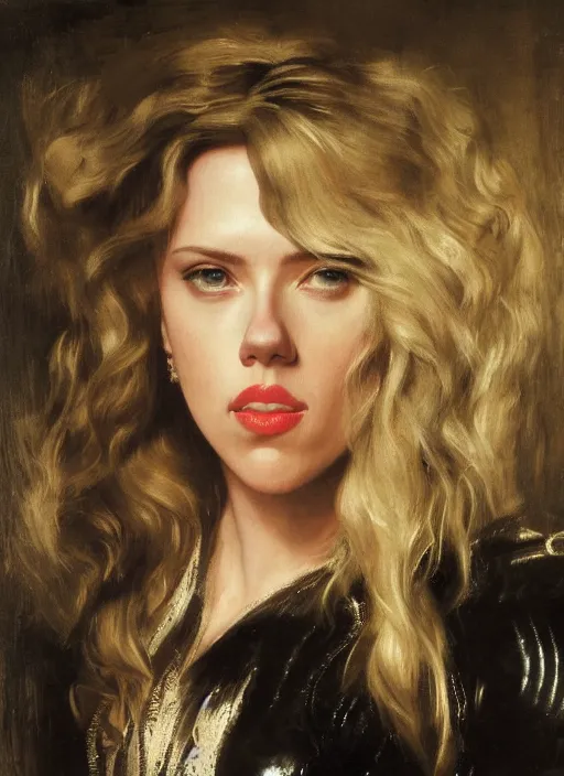 Image similar to , , Scarlett Johansson dressed as black Canary,, Dramatic, Edge, Good, Infused, Backlight, De-Noise, VFX, insanely detailed and intricate, hypermaximalist, facial ,elegant, ornate, hyper realistic, super detailed, by Anthony Van Dyck, by Ivan Shishkin, by John Constable