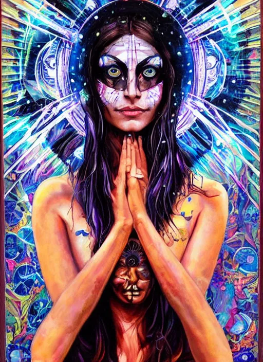 Image similar to gorgeous magic cult psychic woman smiling, third eye, subjective consciousness psychedelic, epic surrealism expressionism symbolism, story telling, iconic, dark robed, oil painting, symmetrical face, dark myth mythos, by Sandra Chevrier, Noriyoshi Ohrai masterpiece