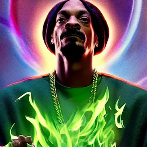 Prompt: Snoop Dogg starring as a futuristic Marvel Super Hero holding green fire for a 2019 Marvel Movie poster, epic portait