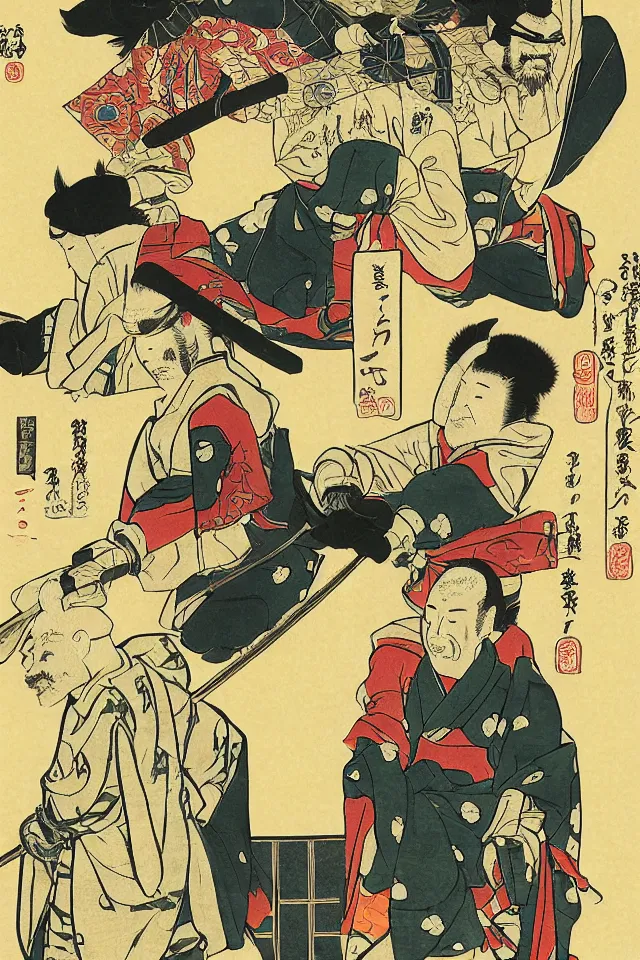 Image similar to a portrait of walter white and jesse pinkman in samurai armor, in the art style of ukiyo - e, sengoku - era art style, artistic 4 k