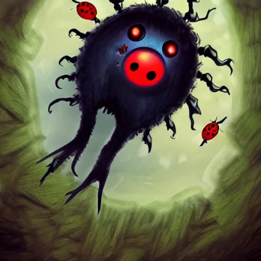 Prompt: ladybug as a monster for video game, fantasy art style, scary atmosphere, nightmare - like dream