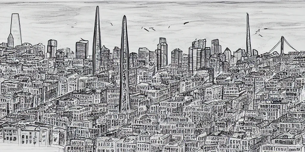 Prompt: san francisco harbor fine line art by stephen wiltshire