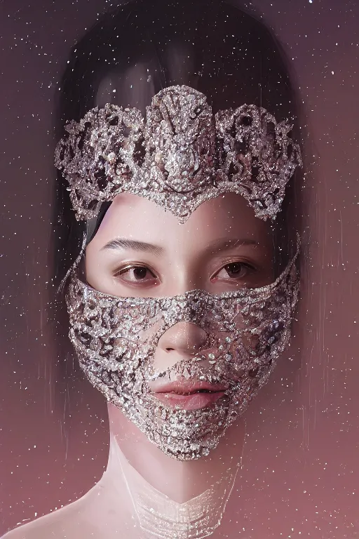 Image similar to A fancy portrait of a women wearing crystal mask by Greg Rutkowski, beeple, Sung Choi, Mitchell Mohrhauser, Maciej Kuciara, Johnson Ting, Maxim Verehin, Peter Konig, final fantasy, macro lens, 35mm, 8k photorealistic, cinematic lighting, HD, high details, dramatic, dark atmosphere, trending on artstation