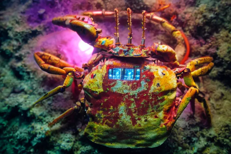Image similar to robot cute cyborg - crab underwater, in 2 0 1 2, bathed in the the glow of a crt television, crabcore cybercore, low - light photograph, photography by tyler mitchell