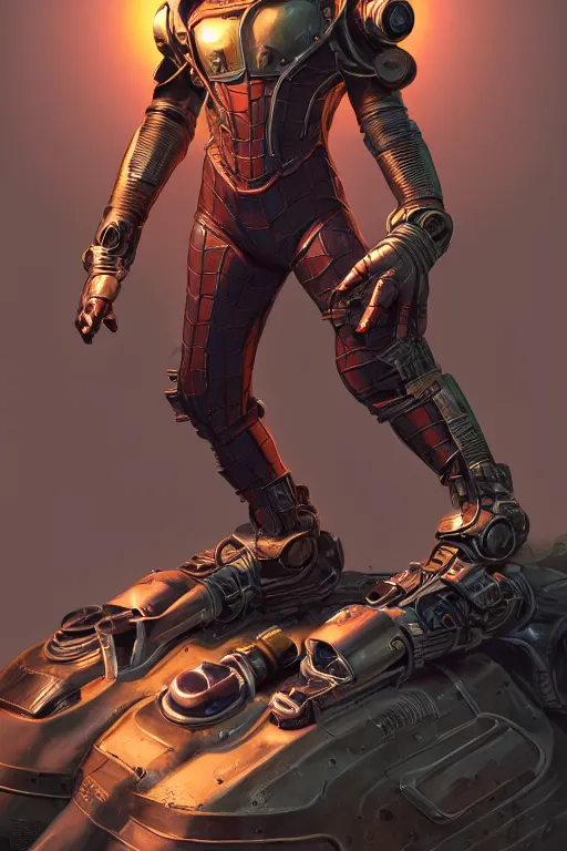 Image similar to hardmesh spiderman retro futurist steampunk fallout 7 6 power armor, hyper realistic, art cover, official fanart behance hd artstation by jesper ejsing, by rhads, makoto shinkai, final fantasy, unreal engine highly rendered, global illumination, radiant light, intricate environment radiating a glowing aura global illumination ray tracing hdr