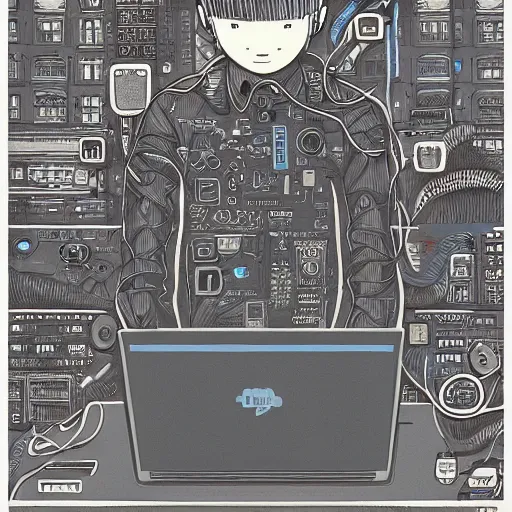 Image similar to illustration of a boy connected to his laptop with hundreds of wires, highly detailed, by ghibli, butcher billy, mcbess, rutkowski, james jean, 8 k, photorealistic