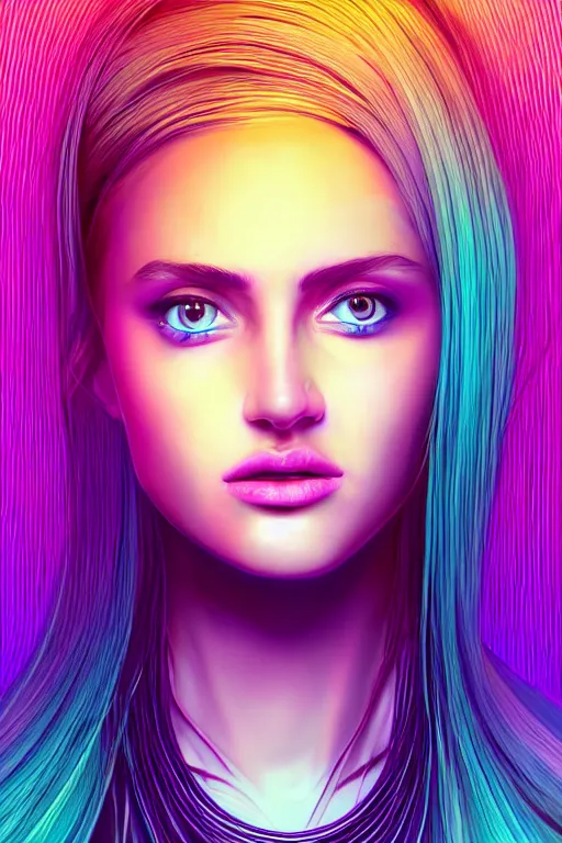 Image similar to a award winning half body portrait of a beautiful woman with stunning eyes in a croptop and cargo pants with ombre purple pink teal hairstyle by thomas danthony, surrounded by whirling illuminated lines, outrun, vaporware, shaded flat illustration, digital art, trending on artstation, highly detailed, fine detail, intricate